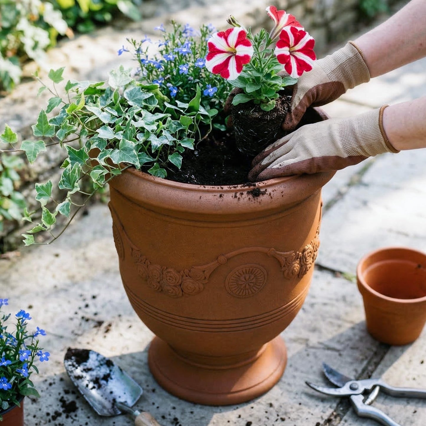 KOL Large Plastic Urn Planter - 16” Dia x 19” H Lightweight Classic Planter Pot with Cement Texture & Drainage Hole, Weather Resistant for Outdoor Plants, Patio, Garden Decor (Rusty)