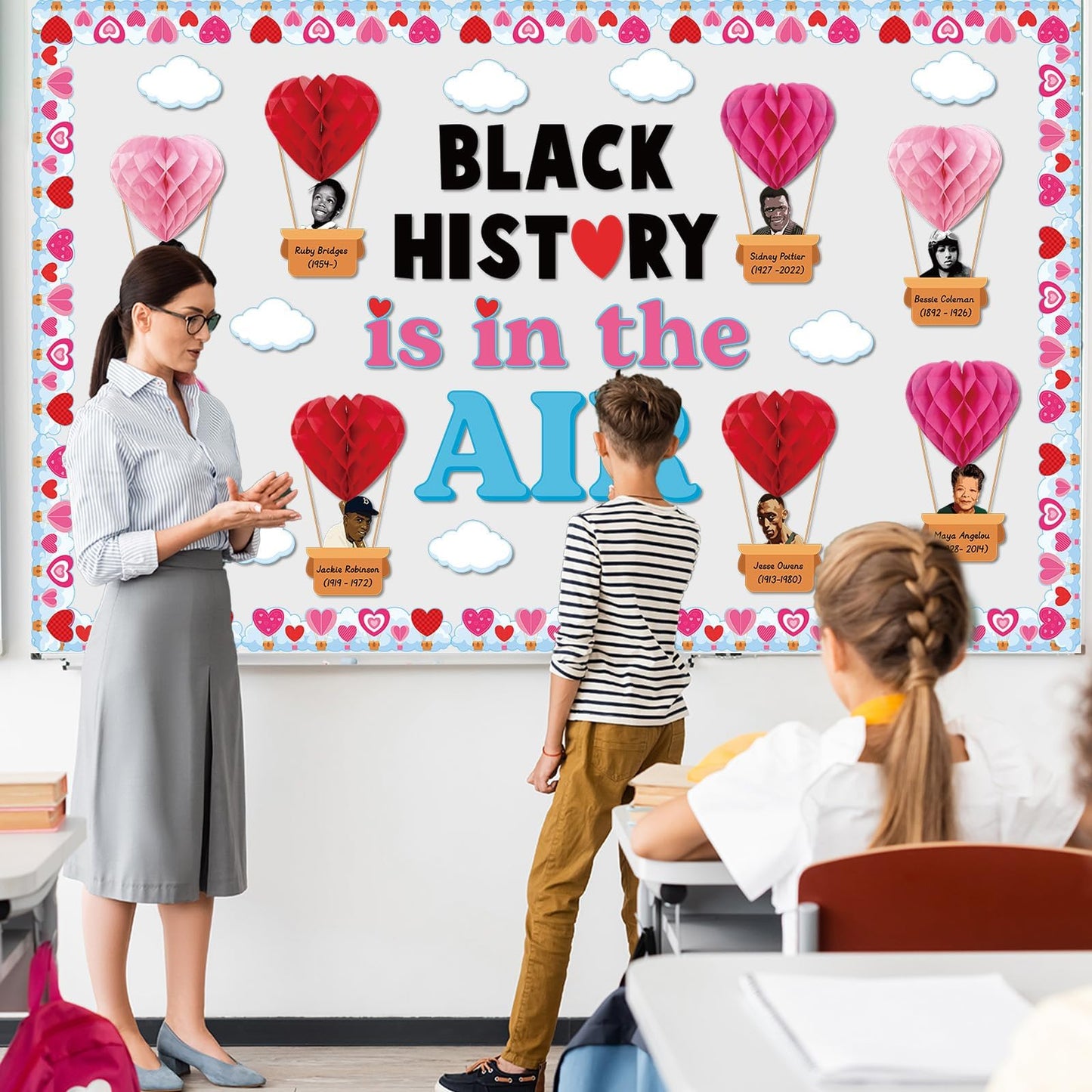 3D Valentine's Day Black History Month Bulletin Board Set Heart Shaped Honeycomb Balls Famous African American Classroom Decoration Inspirational Cutouts for School Home Chalkboard Wall Decor Supplies