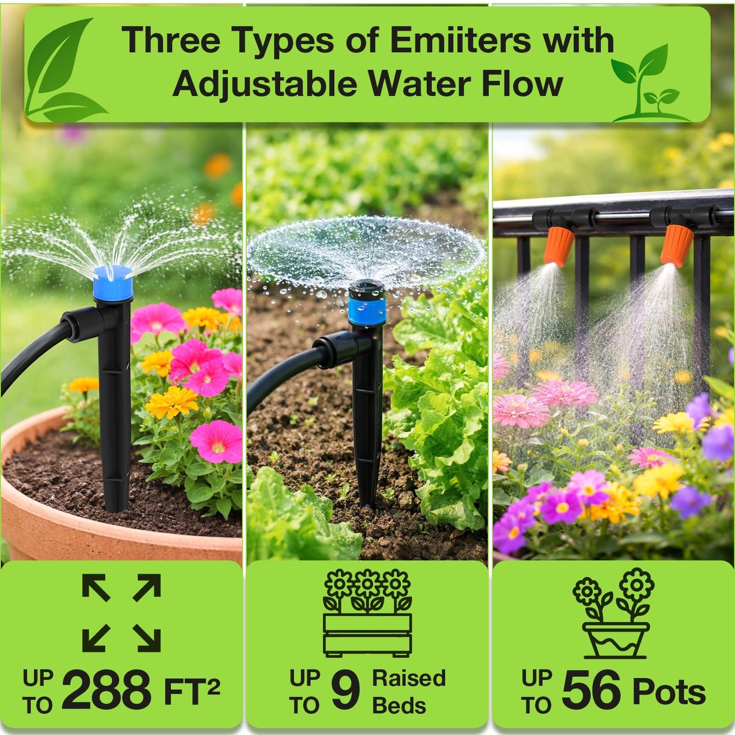 MIXC 300FT Drip Irrigation System Kit, Automatic Garden Misting Watering System with 100FT 1/2" & 200FT 1/4" Irrigation Tubing, Fitting, Adjustable Emitter for Greenhouse Lawn Raised Bed Potted Plant