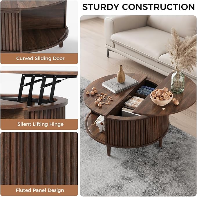 Round Coffee Table with Storage, Fluted Lift Top Coffee Table