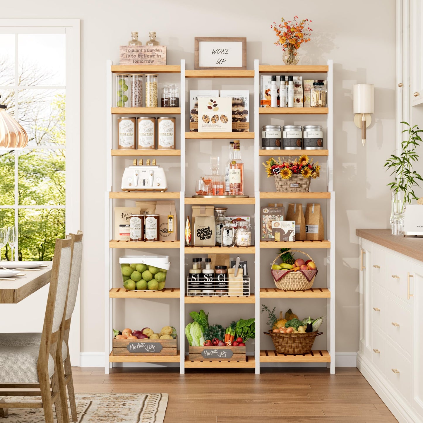 FOTOSOK Bamboo Shelf, 7 Tier Plant Stand Indoor, 3 Row Ladder Shelf, Bookshelf and Bookcase, Corner Display Stand with Adjustable, Flower Stand for Living Room Balcony Kitchen, White and Natural