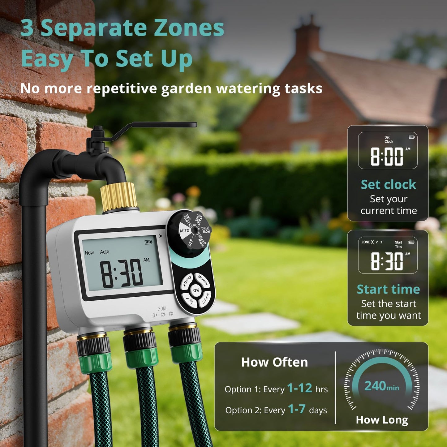 QUOBAS Brass Sprinkler Timer for Garden Hose, Programmable Water Timer for Hose Faucet with Child Lock, Rain Delay/Auto/Manual 3 Modes, Large Waterproof Screen, 3 Zone Independent Watering