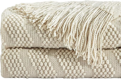 BOURINA Beige Throw Blanket 50x60 Inches Throw Textured Solid Soft Ripple Throws and Blankets for Sofa or Bed Knitted Decorative Throw