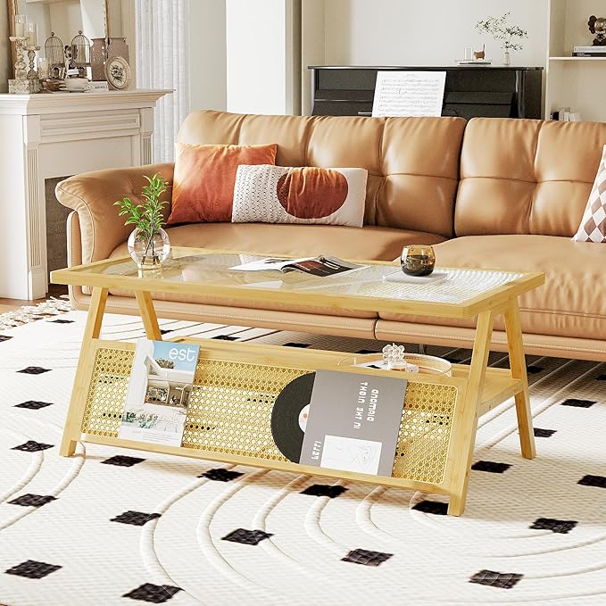 Bamworld Coffee Table with Storage Mid-Century Modern Coffee Table Boho