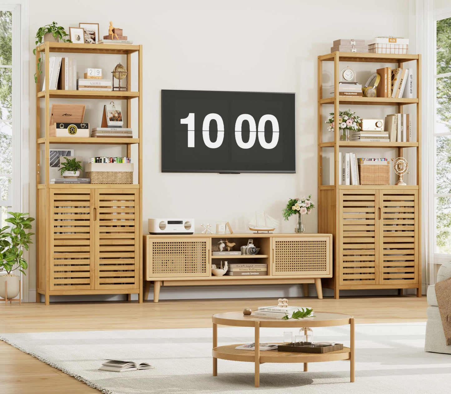 HIFIT 2 Set Tall Shelf Unit Bamboo Storage Cabinet with Doors, 5-Tier Bookshelves and Bookcases with Storage and Display, 67" Tall Cabinet w/Plant Stand for Bathroom,Living Room,Kitchen Dining,Balcony