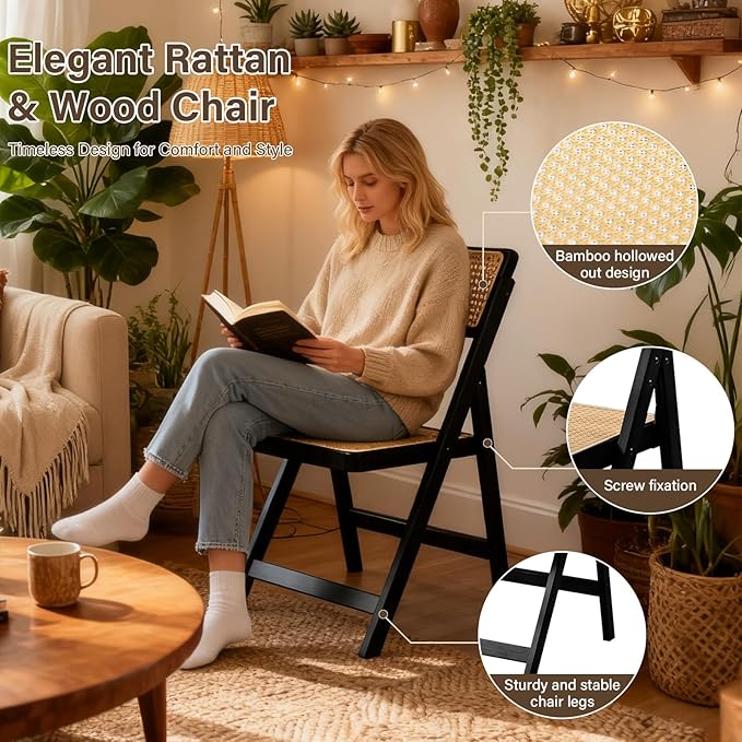 Furlide Rattan Folding Chairs, Modern Mid Century Dining Chairs Set of 2