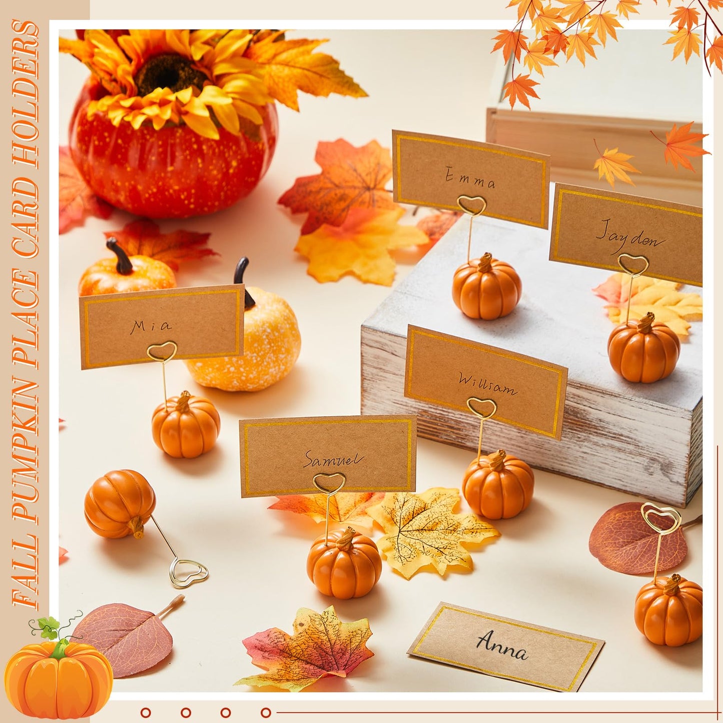 Qeeenar 40 Pcs Thanksgiving Pumpkin Decorations Pumpkin Place Card Holders with Fall Cards for Table Setting Wedding Table Decor Mini Pumpkins Tables Number Holder (Orange)