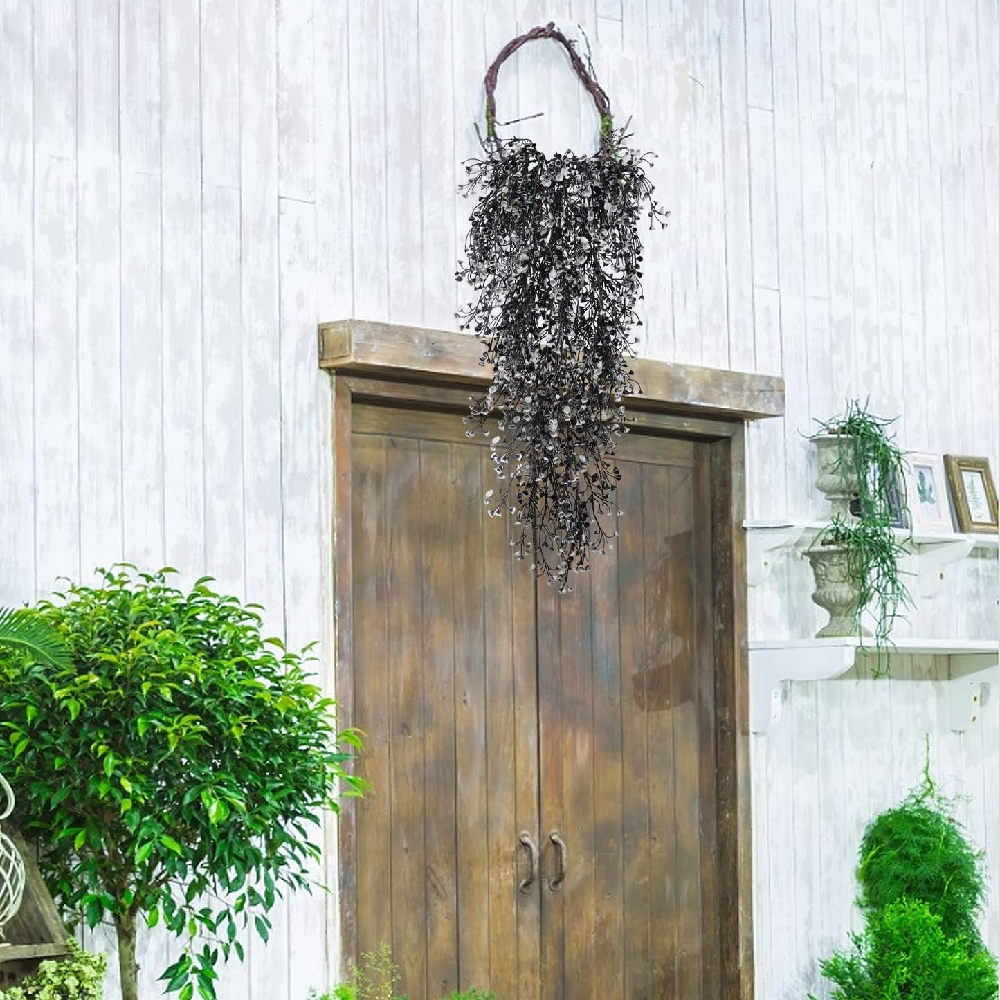 RECUTMS Artificial Hanging Plants 4 Pcs Fake Ferns Artificial Plants Large Faux Hanging Plant Wall Plants Fake Ivy Room Home Garden Wedding Halloween Party Indoor Outdoor Decor(Black White)