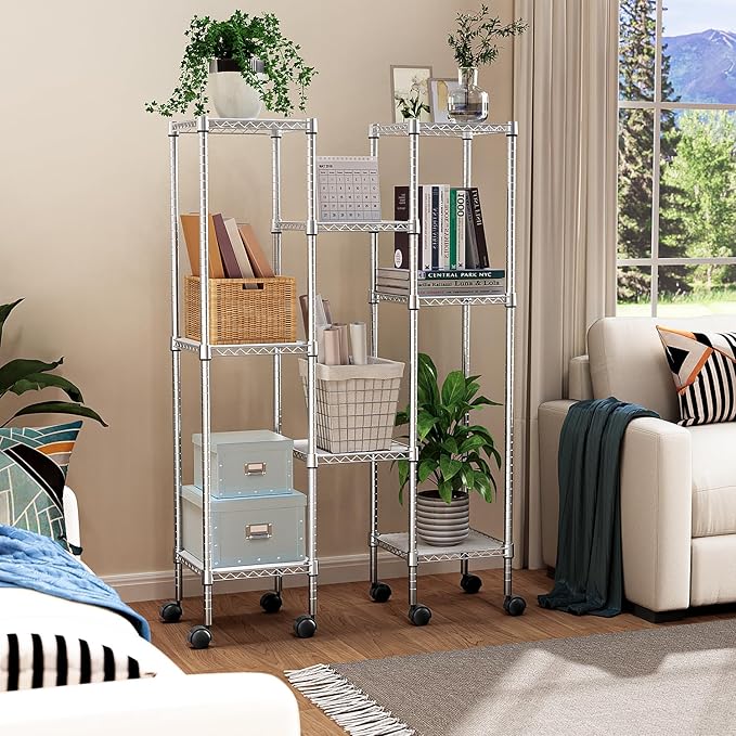 M MZG Storage Shelves Adjustable, 4 Tier Shelving Units for Storage with Wheels, Corrosion Resistant Wire Shelving Unit for Kitchen Closet Bathroom Office, Chrome 11.8" D x 11.8" W x 48.1" H