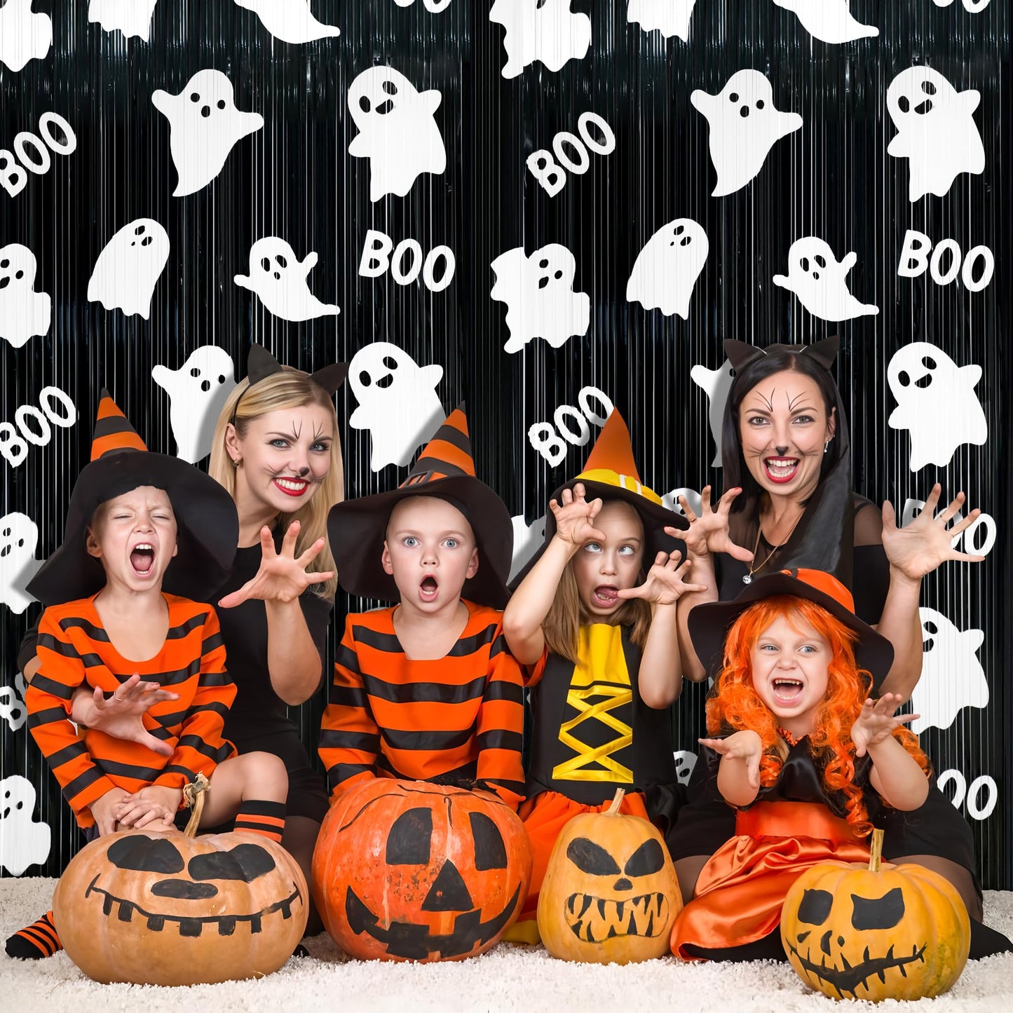 Augisteen 2 Packs Halloween Foil Fringe Curtains 3.3 x 6.6 Ft Black White Cute Ghost Photo Backdrop Streamers Boo Theme Tinsel Curtain Metallic Backdrop for Kids Birthday Babyshower Party Supplies