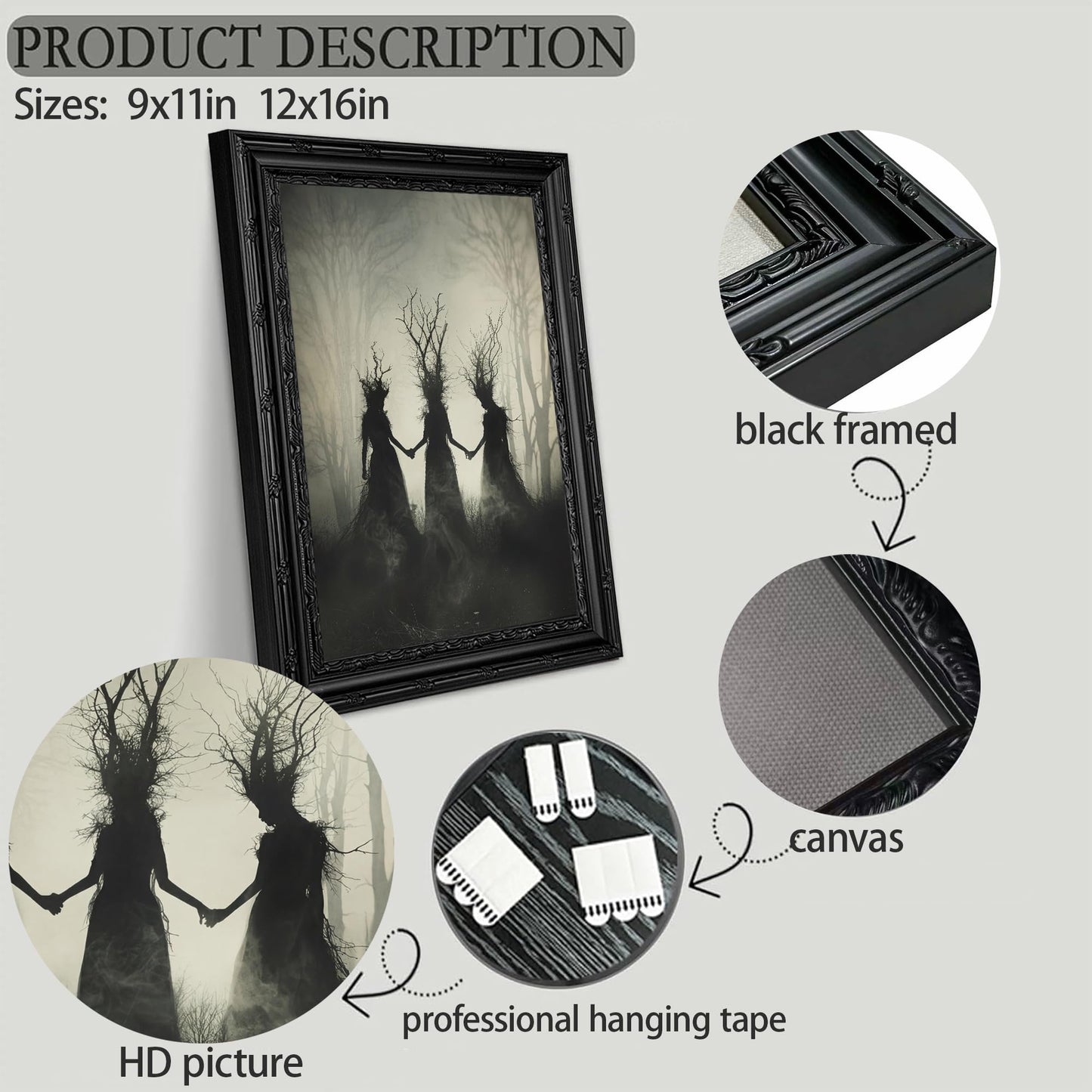 Framed Witch Canvas Wall Art,Occult Painting Picture Wall Decor,Dark Moody Poster Print Artwork,for Bedroom Living Room Halloween Party Home Decoration 9x11in