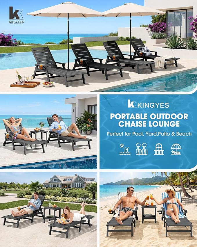 KINGYES HDPE Lounge Chair Outdoor, Patio Chaise Lounge Recliner