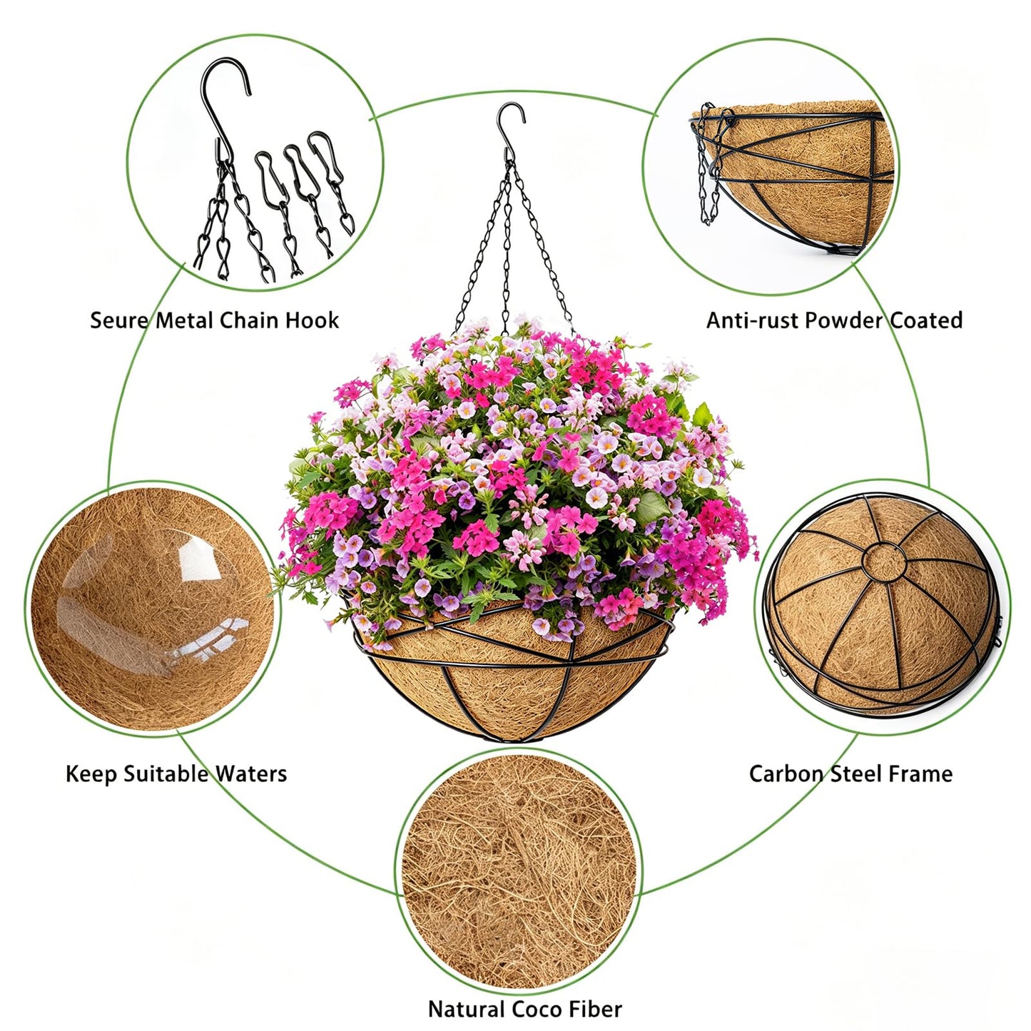 Karlliu 4 Pack 12 Inch Hanging Planters for Outdoor Plants Metal Watering Flower Baskets with Coco Liner for Outside Panting Plant Holder Pot for Home Garden Porch Balcony Railings Decor