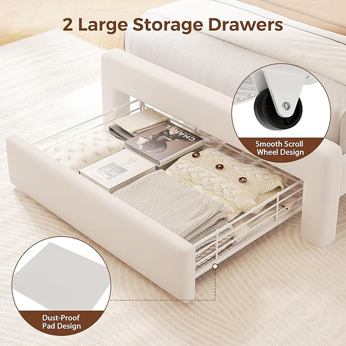Twin Size Bed Frame with LED Storage Headboard & 2 Storage Drawers, Velvet