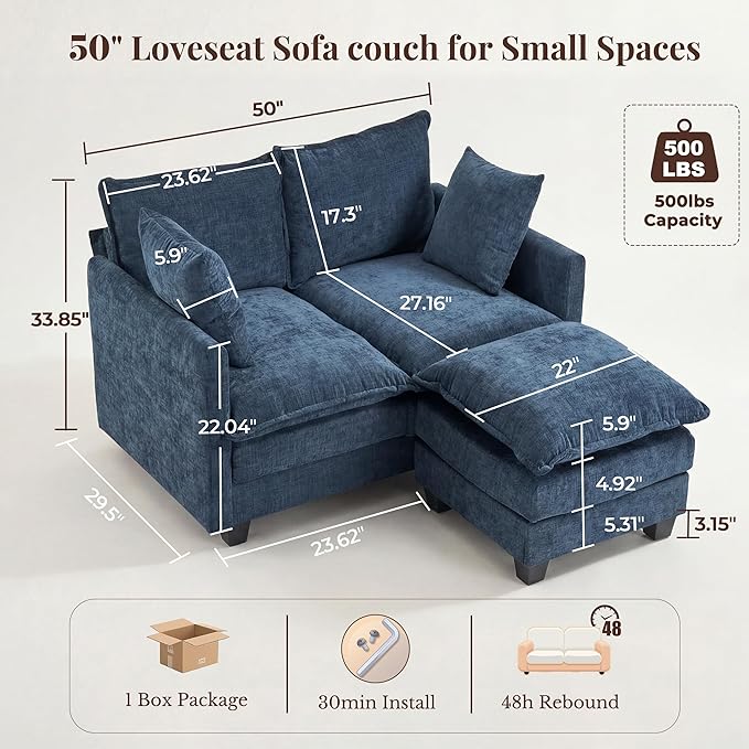 Loveseat Sofa with Ottoman, Cloud 3-Layer Cushion, Living Room, in a Box