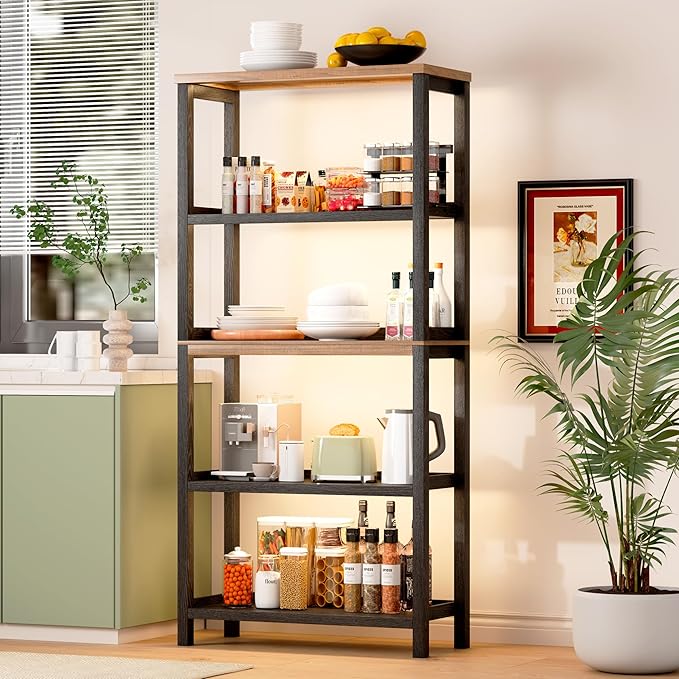 Vlsrka Wooden Bookshelf with Lights, 5 Tier Bookshelf with Storage, Tall