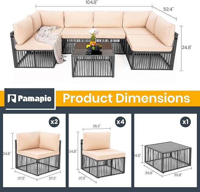 Pamapic 7-Piece Outdoor Sectional Set, Large Wicker Patio Furniture Set