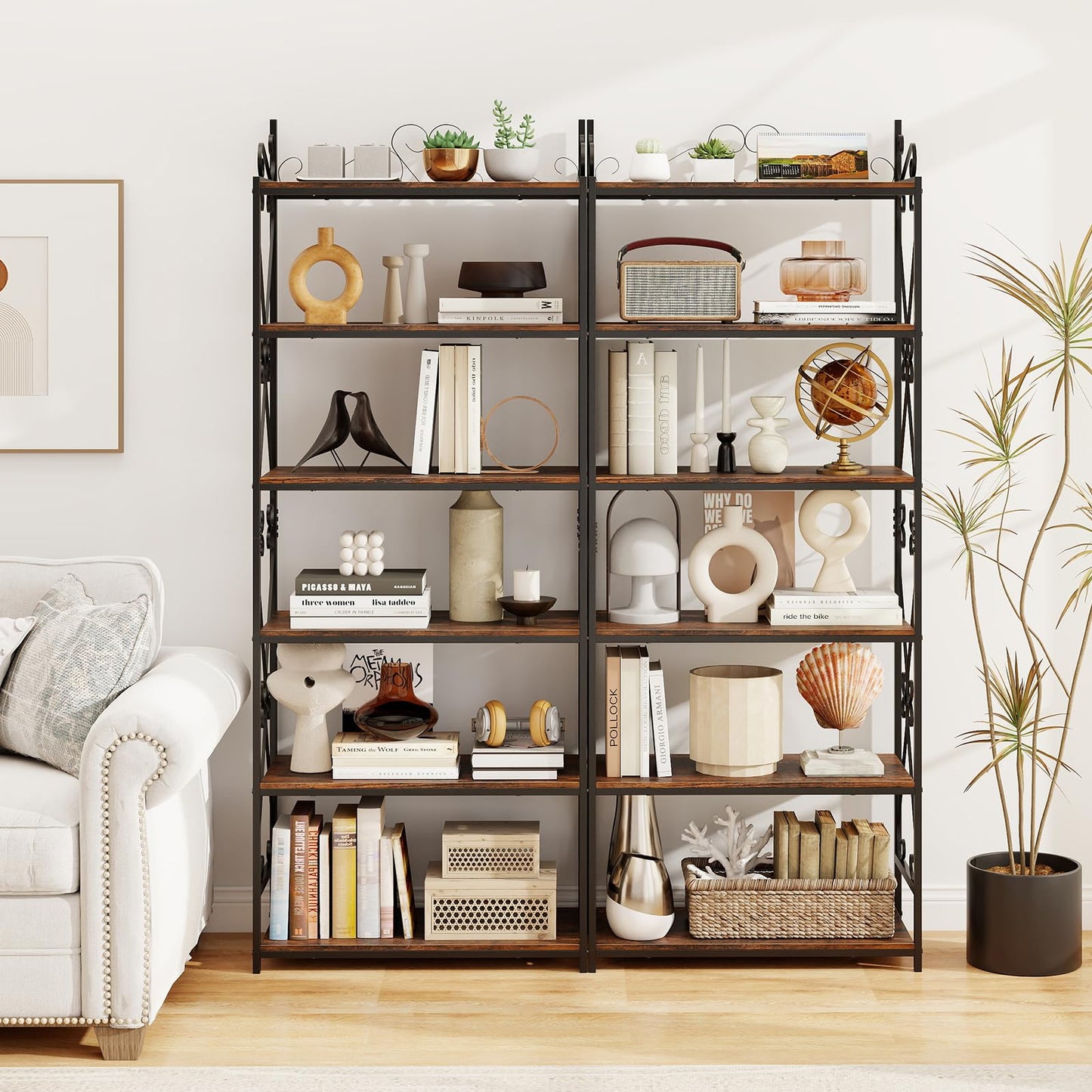 GOFLAME 6-Tier Tall Bookshelf, 71.5” Classic Bookcase with Open Shelves, Metal Frame, Plant Stand, Industrial Display Rack Shelving Unit for Home Office, Living Room, Rustic Brown & Black (2)