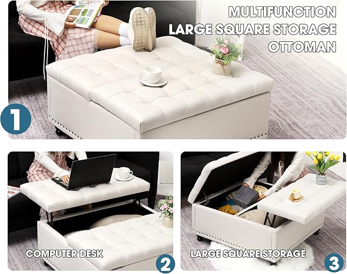 36" Large Square Ottoman with Storage, Tufted Upholstered Storage Ottoman with