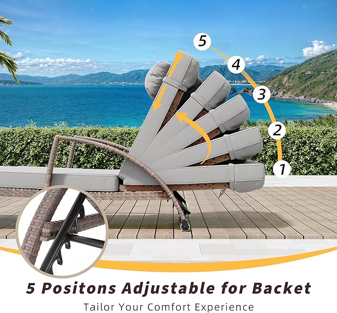 GarveeLife 2-Piece Rattan Patio Folding Chaise Lounge, 5-Position Adjustable