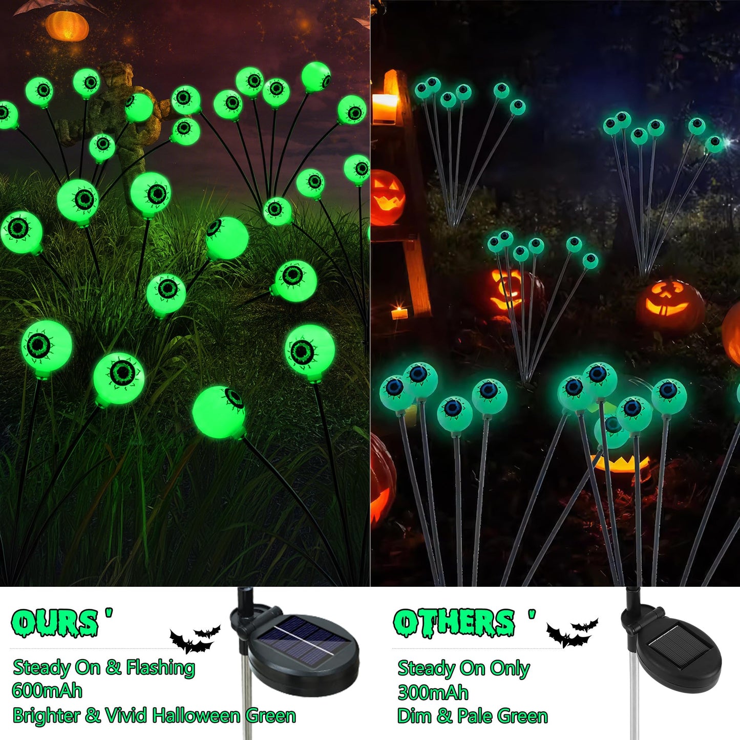 BrizLabs Solar Halloween Lights, 2 Pack 12 LED 2 Modes Halloween Eyeball Lights, Outdoor Pathway Light, Swaying Eye Firefly Walkway Lighting, Green Solar Lighting for Path Yard Garden Lawn