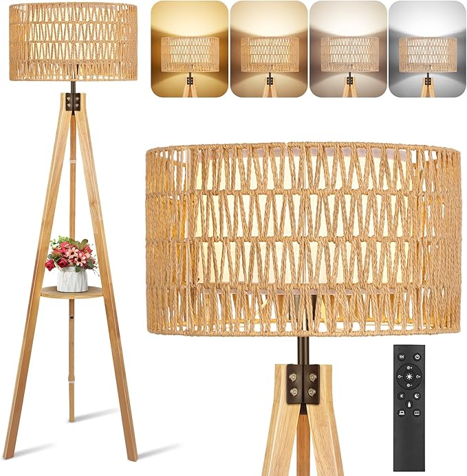 OUTON Boho Rattan Tripod Floor Lamp
