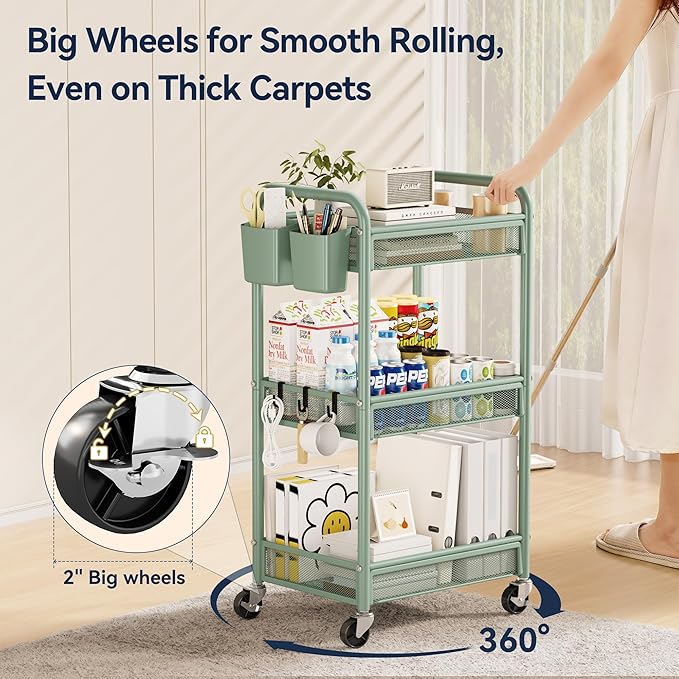 YASONIC 3 Tier Rolling Cart – Metal Utility Storage Carts