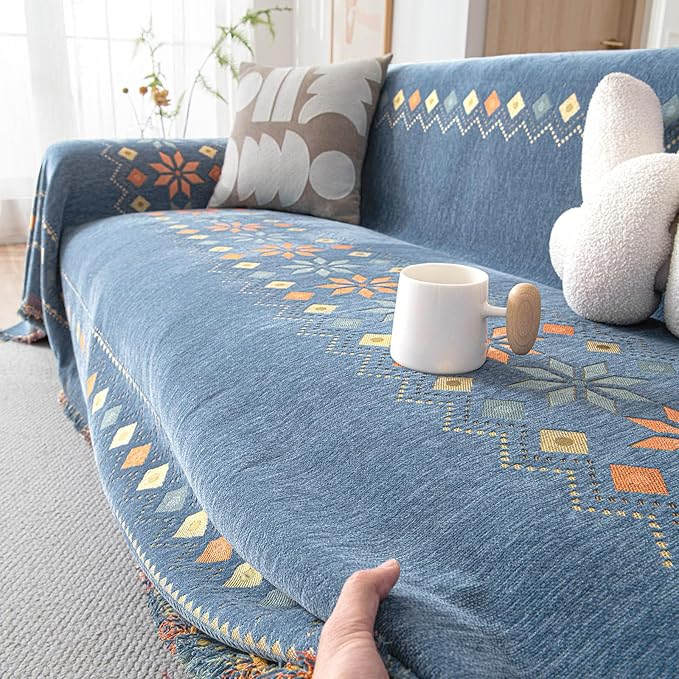 DREAMINGO Blue Boho Couch Cover Geometric Jacquard Sofa Covers