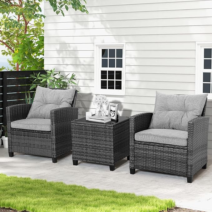 HAPPYGRILL 3 Pieces Patio Conversation Set, Outdoor Furniture Set PE Rattan