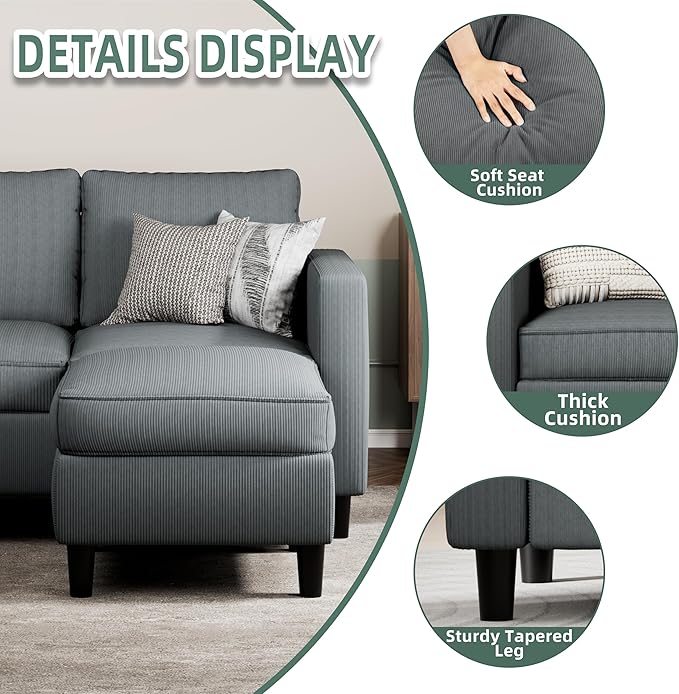 SUNLEI Small L-Shaped Sectional Couch, Modern Grey Couch