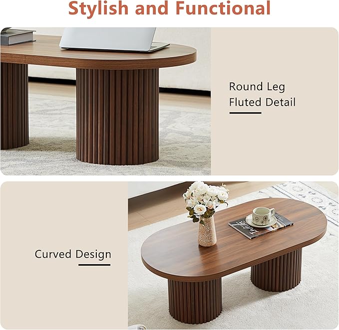 Oval Fluted Coffee Table, Farmhouse Wood Coffee Table Mid Century Modern Center