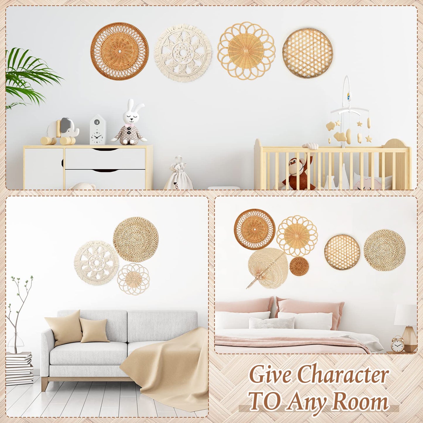 Tatuo 8 Sets Boho Wall Basket Decor Woven Rattan Flat Baskets Round Handmade Wicker Bamboo Hanging Rustic Elegant Tassels Wall Art for Farmhouse Bedrooms Living Rooms Table Kitchen Decorations