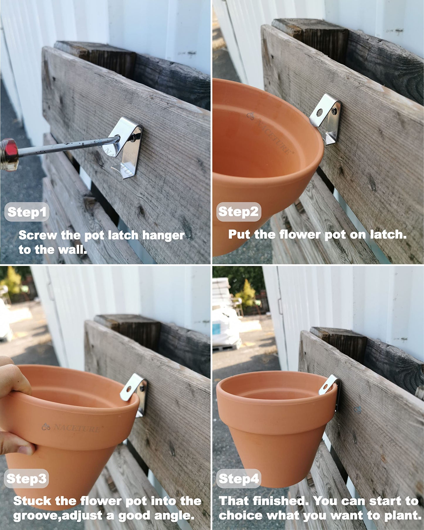 NACETURE 12 Pack Stainless Steel Plant Hangers Flower Pot Clips - Outdoor Wall Hook Metal Plant Stand Holds 5" to 8" Standard Flower Pot
