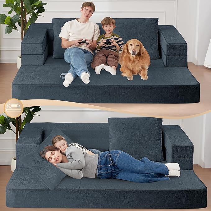 Folding Bean Bag Chair for Adults, 3-in-1 Bean Bag Couch Faux Fur Floor Sofa