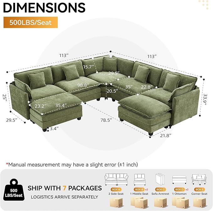113'' V Shaped Cloud Sectional Sofa, Oversized Deep Seat Couches