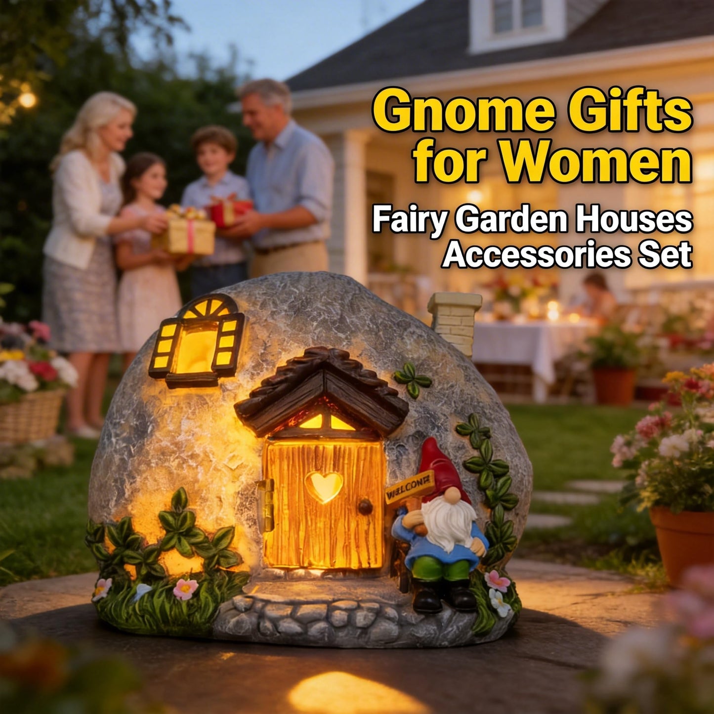QCF Fairy Garden Accessories Gnome House 4 Pcs Kit, Solar Statues with Openable Door for Yard Lawn Patio, Resin Stone Houses, Treasure chest, staircase, ladder Figurines, Birthday Gifts Idea for Women