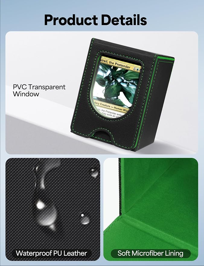 Card Deck Box for MTG Commander, Card Case Holds 100+ Double-Sleeved Cards, Magic Card Box Fits for TCG/PTCG/CCG Card with 2 Dividers (Black&Green)