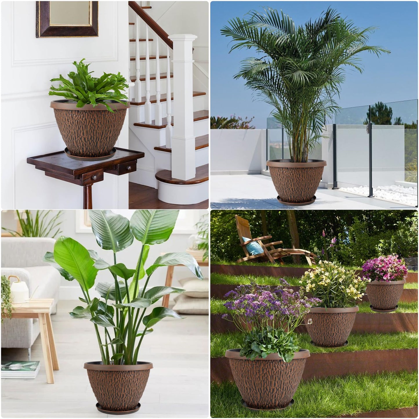 Nooulap 8 Pack Plant Pots for Indoor Outdoor Plants, Plastic Flower Pots Outdoor with Drainage Hole & Tray, Lightweight Planters Garden Home Decor, 4 Pack 8 inch and 4 Pack 10 inch