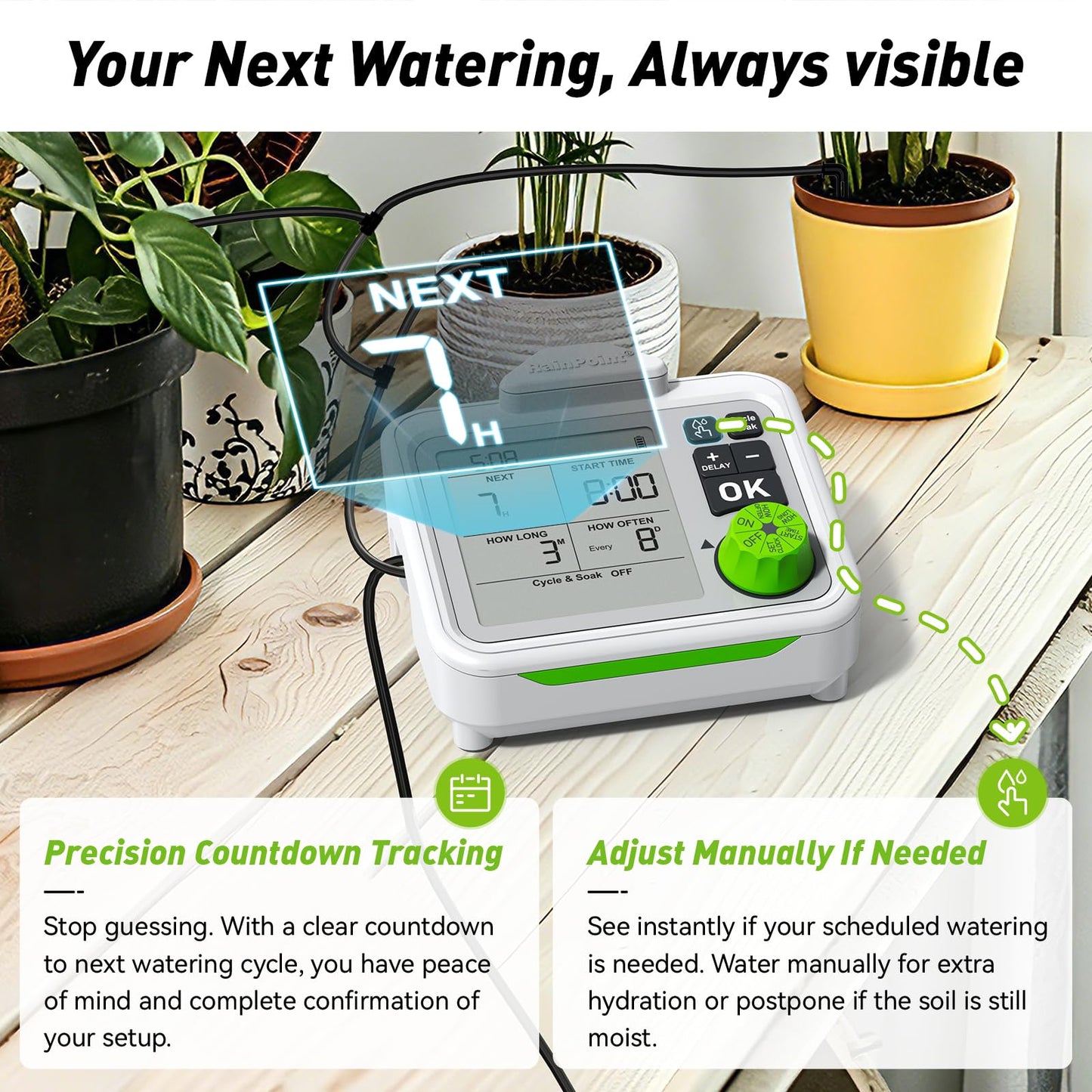 RAINPOINT Large Display Automatic Plant Waterer Indoor for Pot Plant,Cycle & Soak Mode Vacation Self Watering Drip Irrigation System Device Kit Herb Garden Greenhouse Grow Tent Water 10-15 Plants