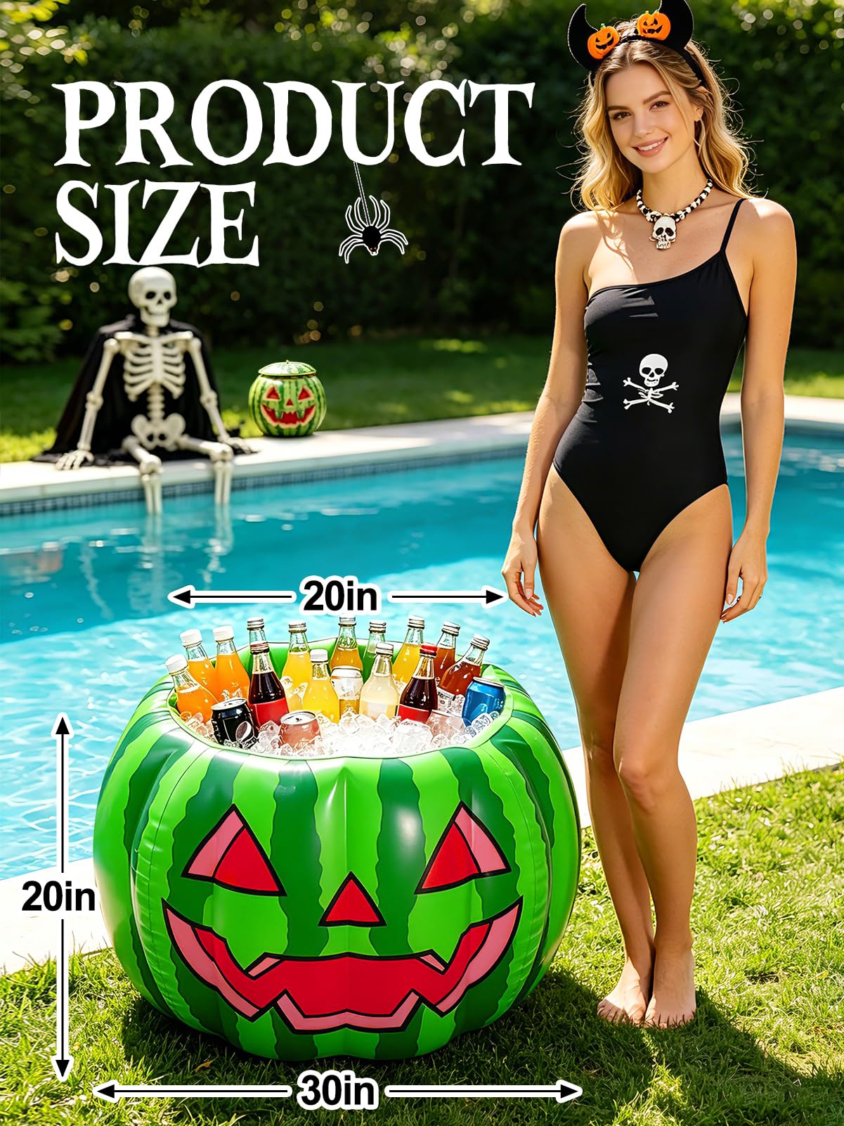 Cosweet Summer Halloween Inflatable Watermelon Cooler for Pool Party - 30" x 20" Large Spooky Blow Up Beverage Drink Cooler Ice Bucket with Drain Plug for Patio Yard Decor