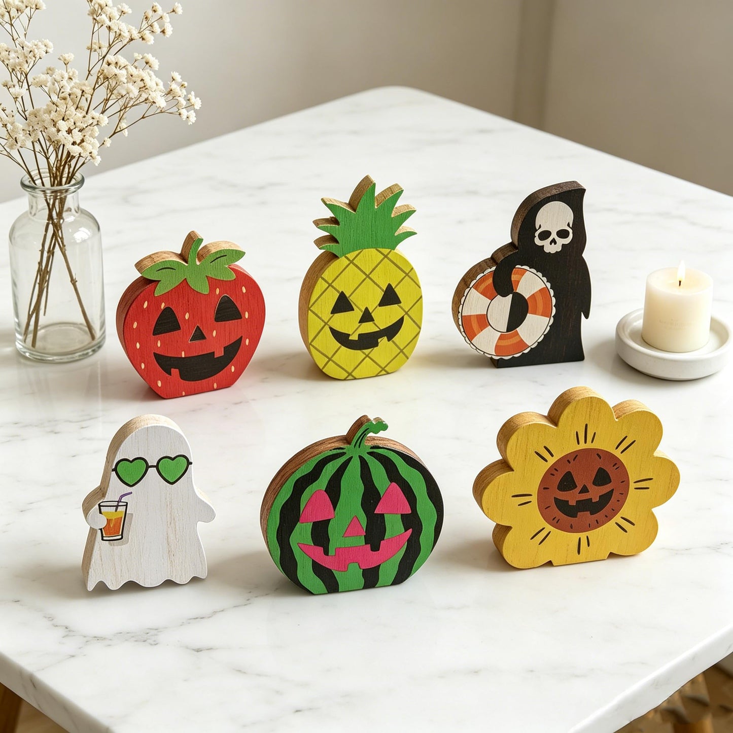 Summerween Decorations,Summerween Wooden Tiered Tray Decor for Summerween Party Decorations Summer Halloween Ghost Home School Office Party Supplies 2MK-HSW