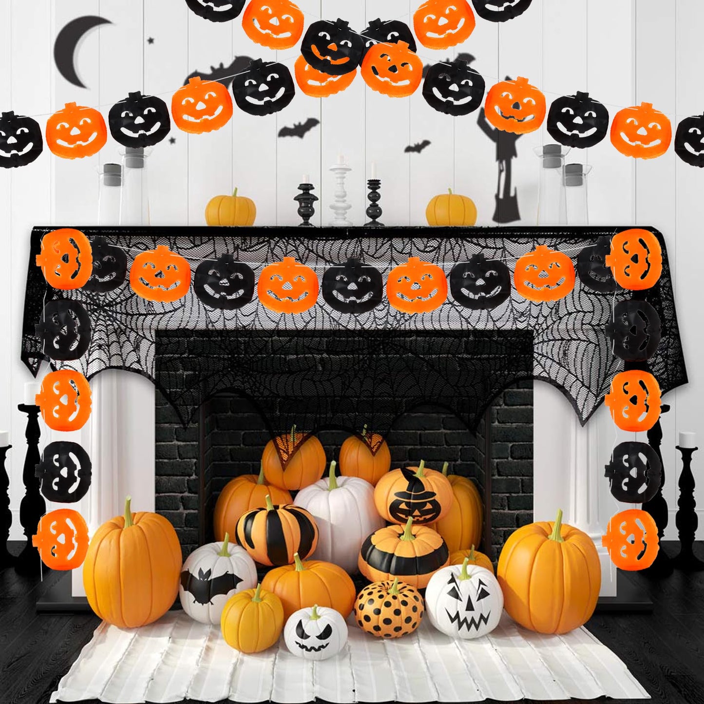 KatchOn, Long Pumpkin Halloween Garland - 10 Feet, 3 Strings, No DIY | Black and Orange Pumpkin Garland for Halloween Party Decorations