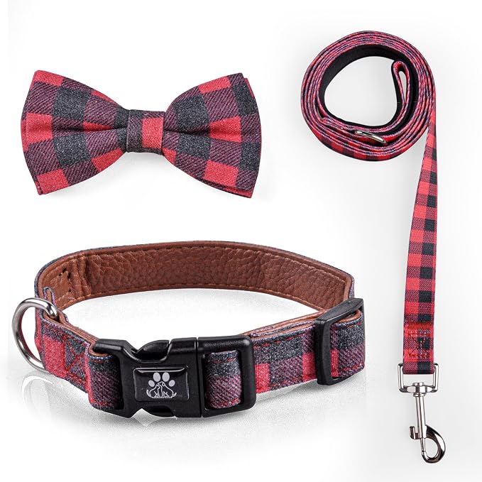IVY&LANE Dog Collar with Bowtie and Leash Set | Plaid Adjustable Dog Collar | Detachable Bow Tie |5 FT Dog Leash | for Small Medium Large Dogs | Checkered Red | X-Small