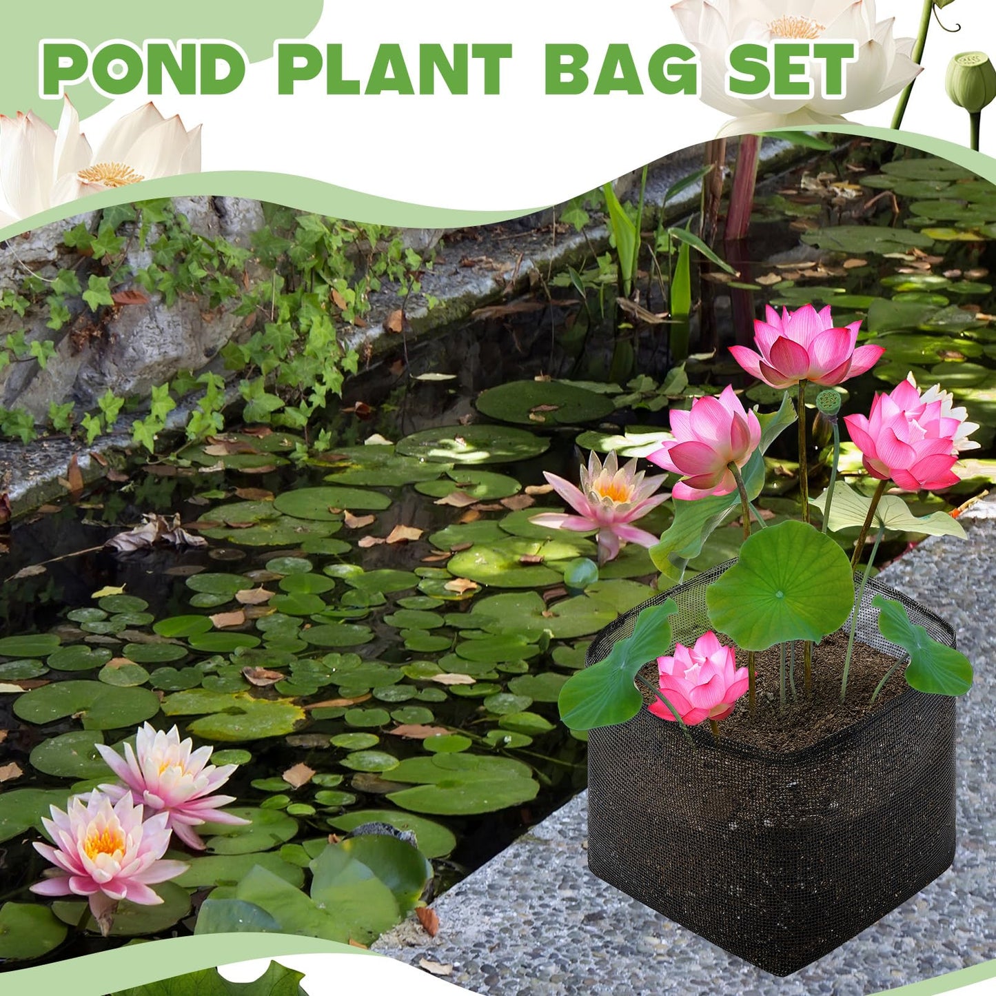 Beeveer 8 Pcs Pond Plant Baskets, Square Reusable Aquatic Planting Bags Breathable Mesh Garden Water Plant Pot for Water Lily Gladiolus Bog and Terrestrial Plants (7 Inch,Square)