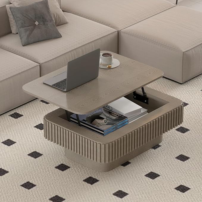 Lift Top Coffee Table for Living Room, Rectangle Handmade Solid Wood Strips