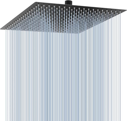 Voolan Oversize Rain Shower Head - High Flow Square Rainfall Showerhead - Waterfall Full Body Coverage - Universal Ceiling or Wall Mount (16 Inch, Matte Black)