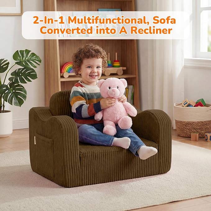 MeMoreCool Toddler Couch, 2-in-1 Corduroy Kids Couch Fold Out to Lounger
