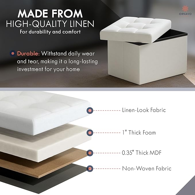 Ornavo Home Small Storage Ottoman Foldable Collapsible Rectangle Linen Ottoman