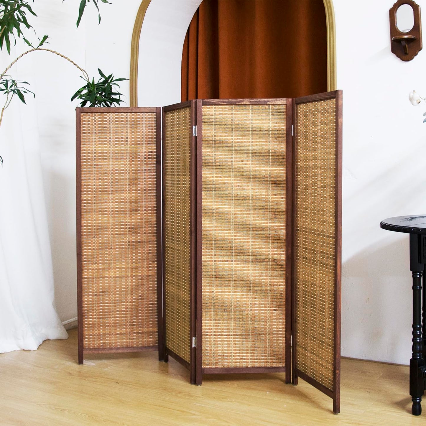 Pawlabay 4 Panel Short Panel Divider Screen,3.95 FT Tall Bamboo Room Divider Folding Privacy Screen,Short Panel Divider Freestanding Room Divider for Room Seperation,Brown