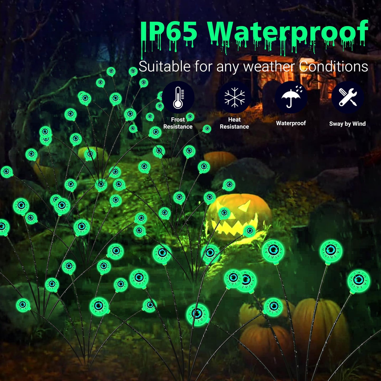 hyrion Halloween Decorations Outdoor Solar Eyeball Lights, 4 Packs 24LED Scary Eyeball Swaying Firefly Lights, 8 Mode Waterproof Green Halloween for Outside Path Yard Garden Lawn